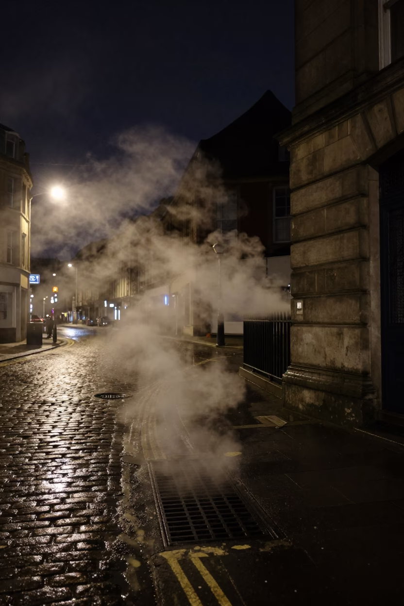 Liverpool Midnight Street Scene Steam Drain and Urban Decay Under Night Sky in in Liverpool, United Kingdom