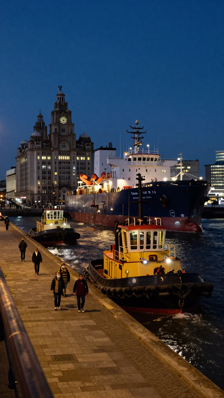 Liverpool Midnight Street Scene with Tugboat Fleet Guiding Tanker at Night in United Kingdom in in Liverpool, United Kingdom