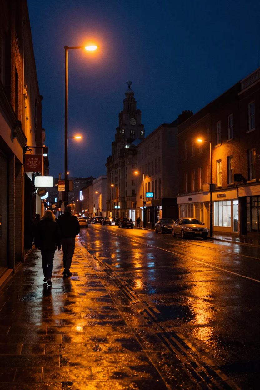 Liverpool Midnight Street Scene With Vintage 1980s Aesthetic And Urban Details in in Liverpool, United Kingdom