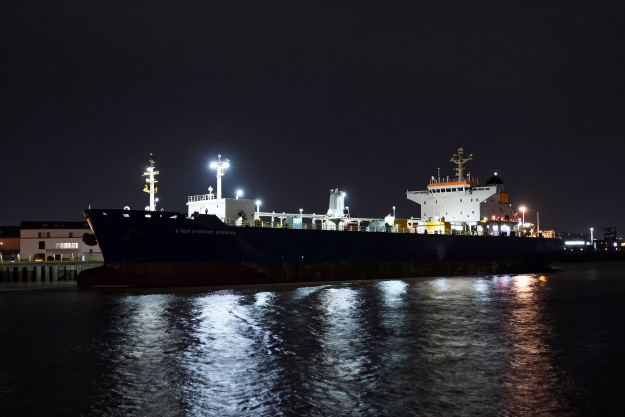 Liverpool Midnight Tugboat Fleet Guiding Tanker Through Docks in in Liverpool, United Kingdom