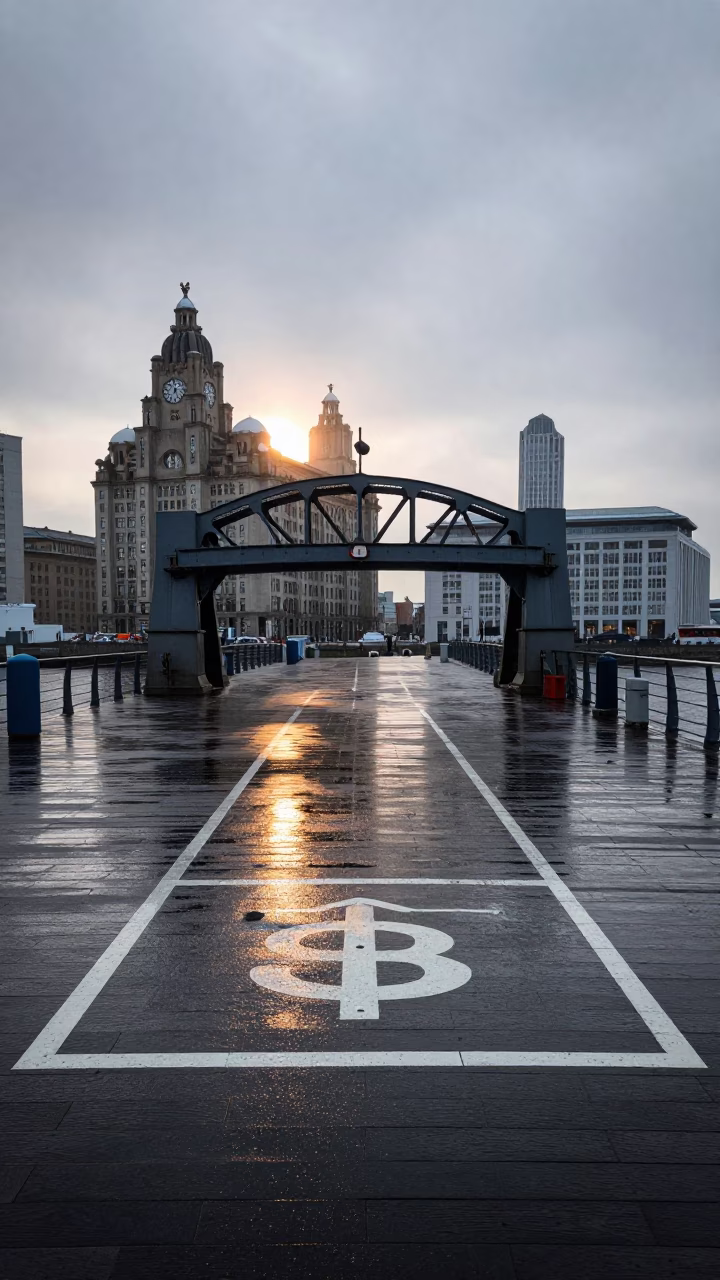 Liverpool Nautical Dawn Harbor Drizzle and Drawbridge Deck Markings Shining in in Liverpool, United Kingdom