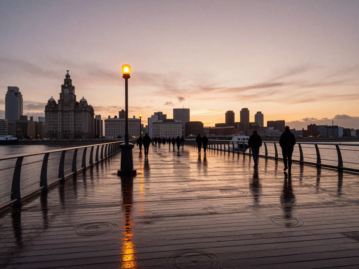 Liverpool Nautical Dawn River Light on Drawbridge Deck and Water Rings in in Liverpool, United Kingdom