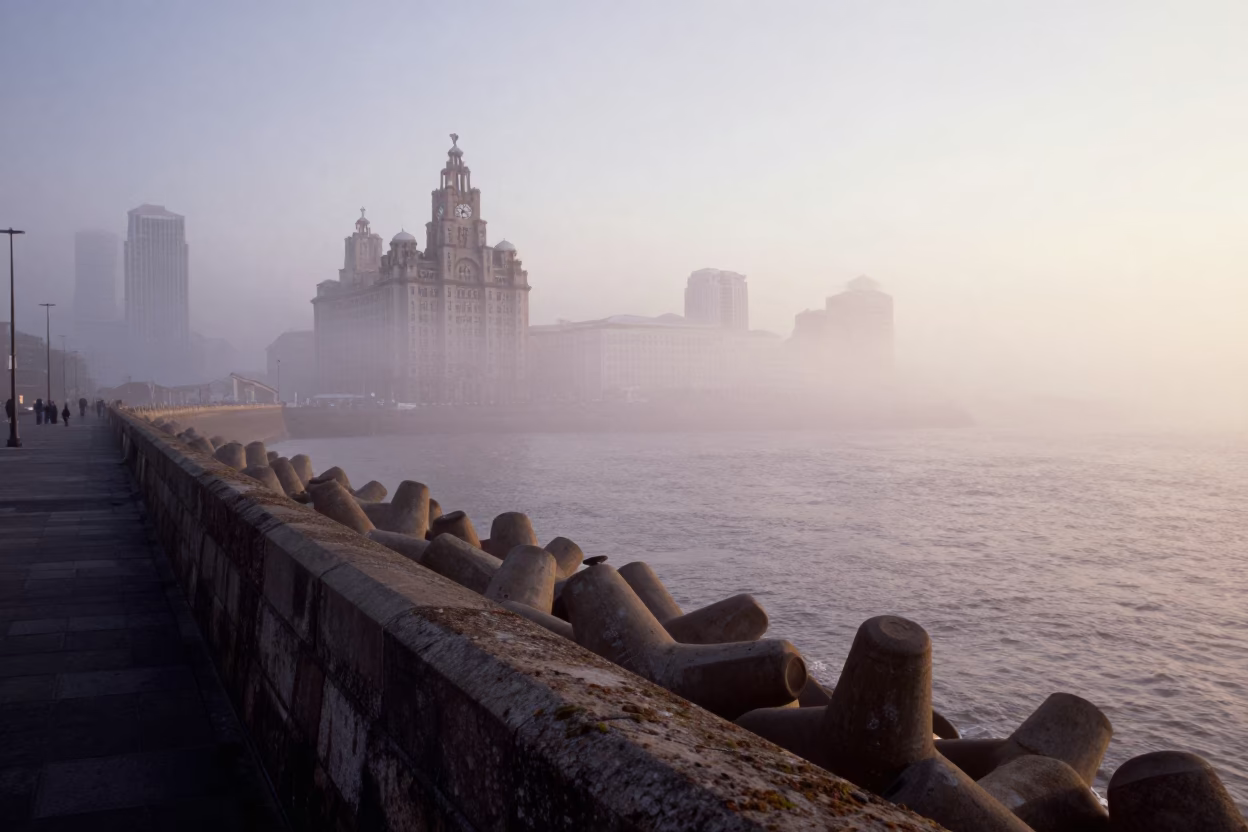 Liverpool Nautical Dawn Sea Fog Crawling Over Historic Breakwater Stone Wall Moss in in Liverpool, United Kingdom