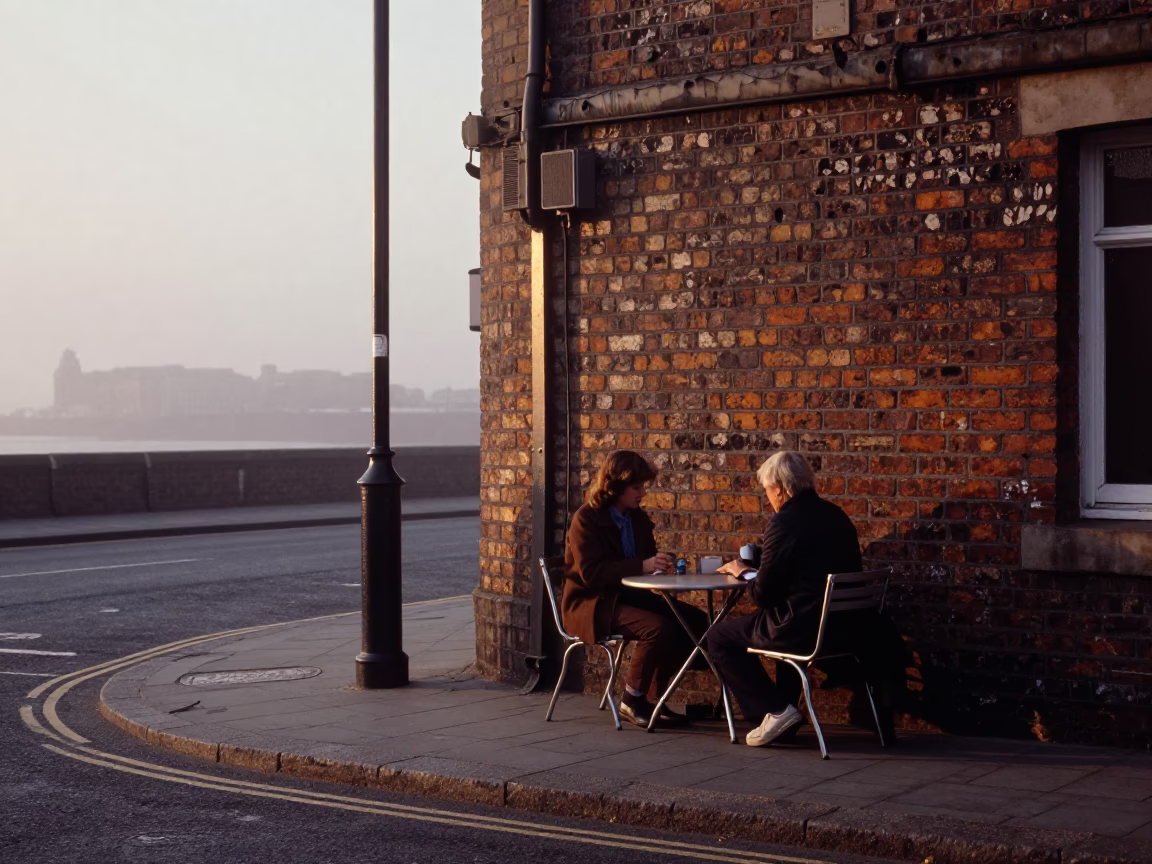 Liverpool Nautical Dawn Street Scene with Brushed Steel Rim and Wicker Shadow on Saucer in in Liverpool, United Kingdom