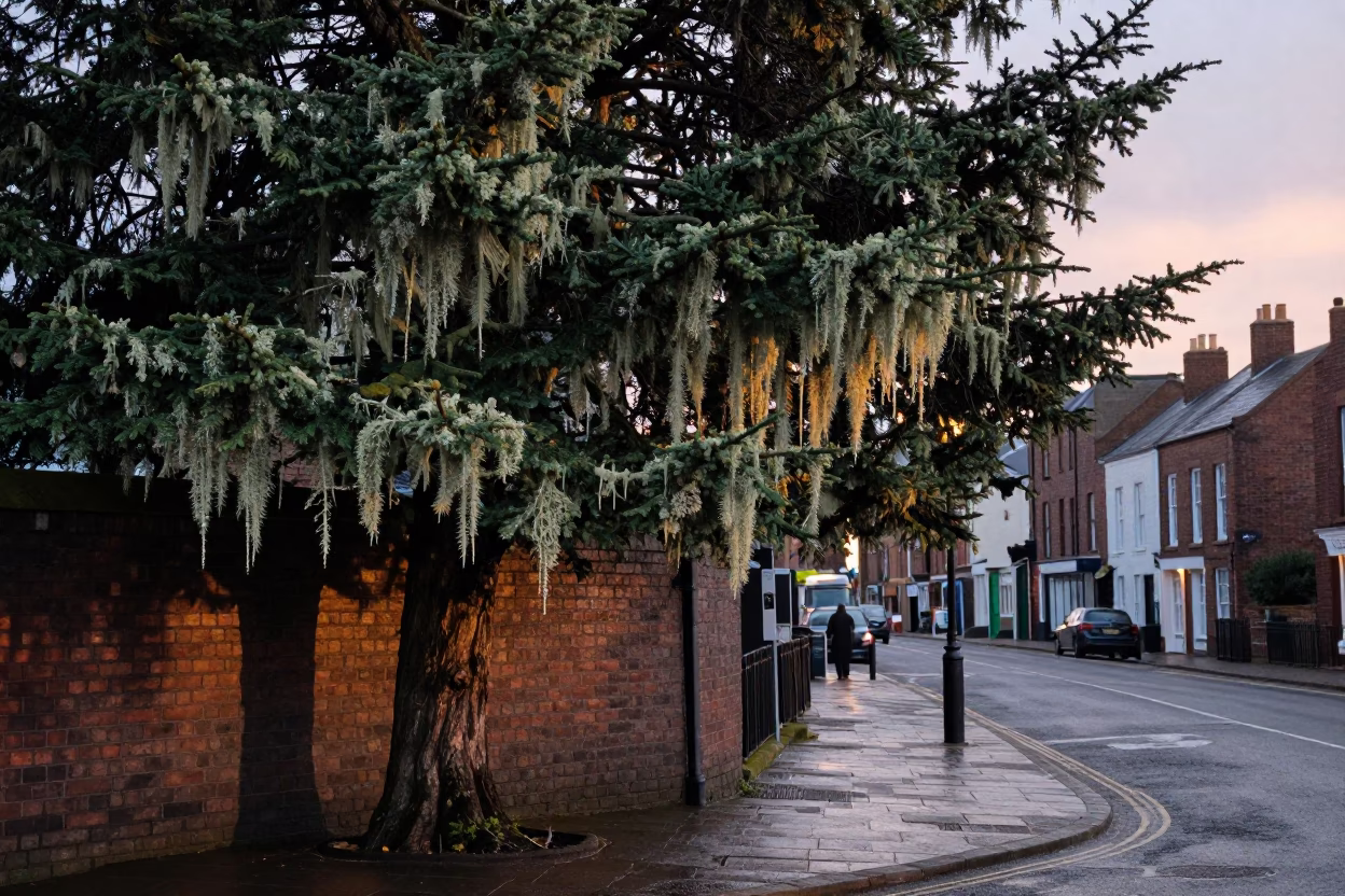 Liverpool Nautical Dawn Street Scene with Lichen on Conifer and Wet Leaves in in Liverpool, United Kingdom