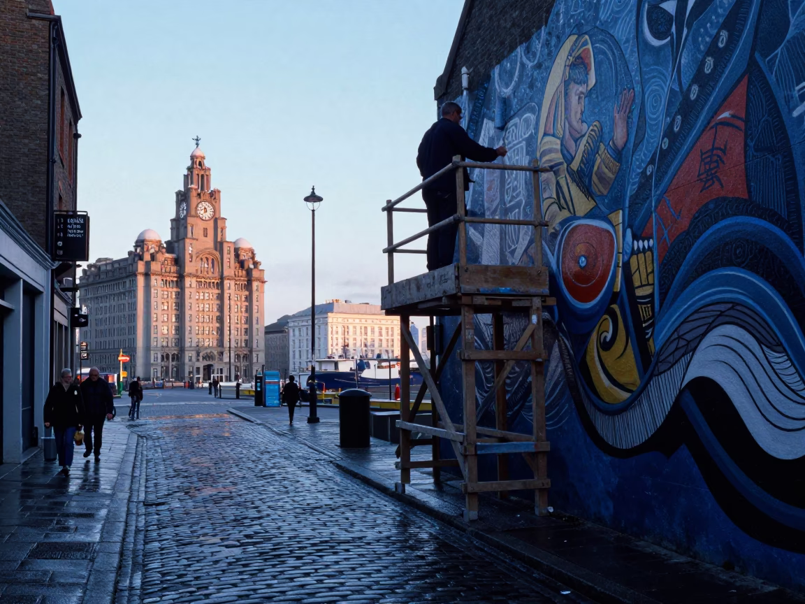 Liverpool Nautical Dawn Street Scene with Muralist Painting Sample Swatches on Scaffold in in Liverpool, United Kingdom