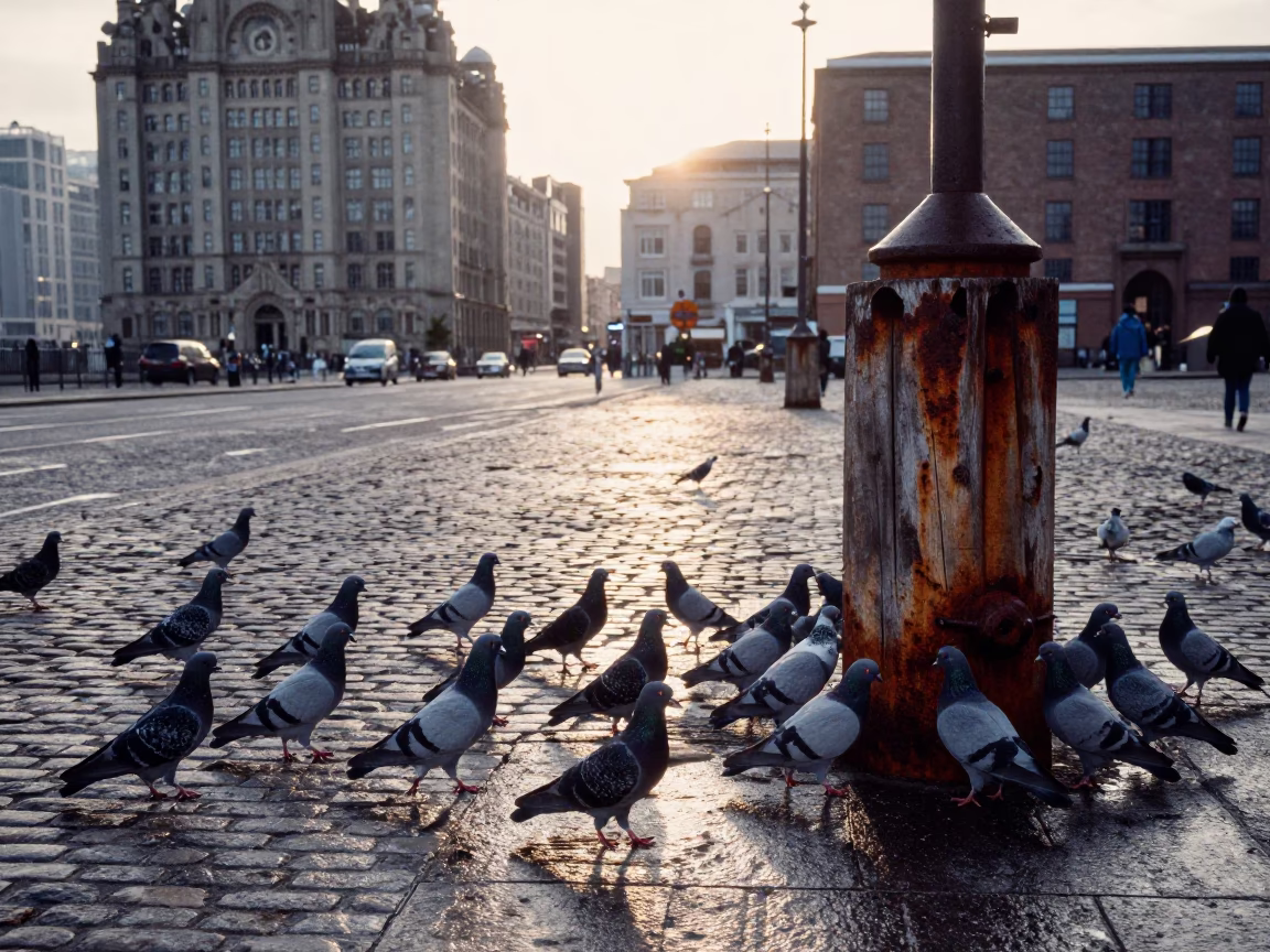 Liverpool Nautical Dawn Street Scene with Pigeons and Rusty Bucket in in Liverpool, United Kingdom
