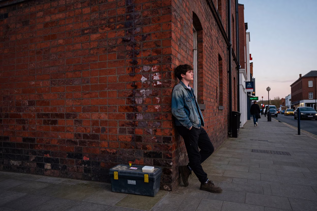 Liverpool Nautical Dawn Street Scene with Toolbox and Soap Bottle in in Liverpool, United Kingdom