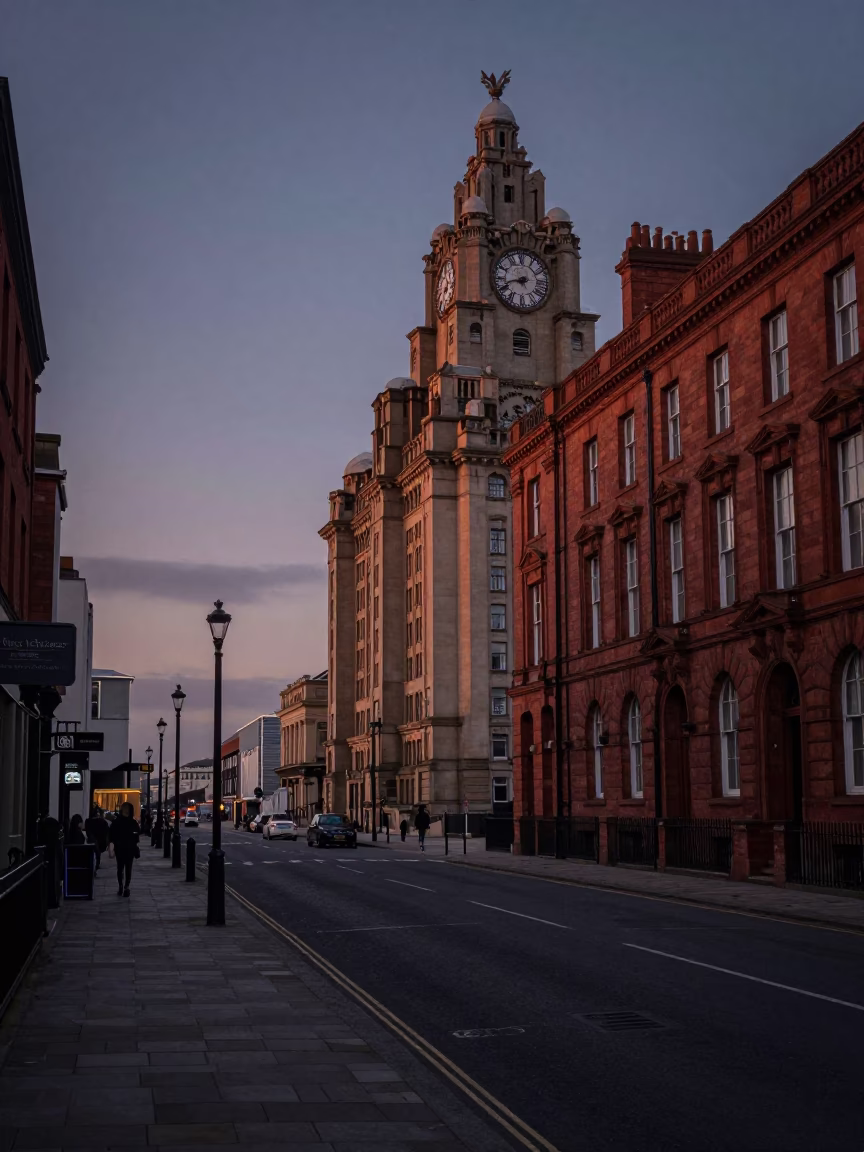Liverpool Nautical Dawn Street Scene with Vintage Architecture and Early Morning Light in in Liverpool, United Kingdom
