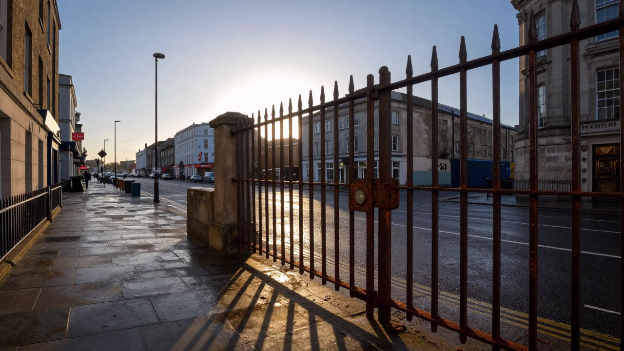 Liverpool Nautical Dawn Street Scene with Wicker Shadow and Grease Sheen on Hinge in in Liverpool, United Kingdom