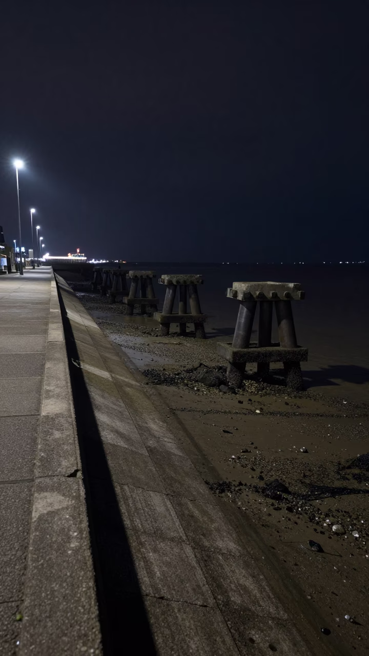 Liverpool Night Ferry Ramp Low Tide Piling System Dark Water in in Liverpool, United Kingdom