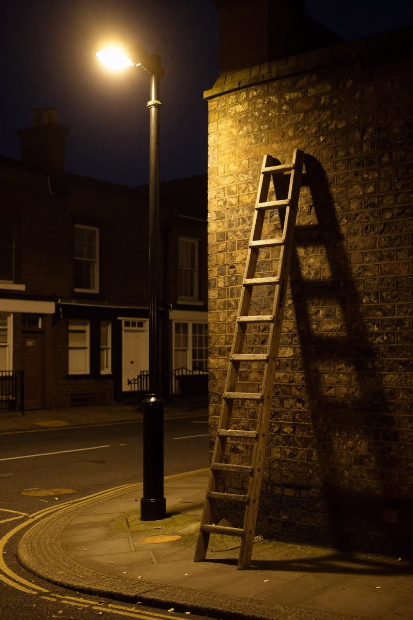 Liverpool Night Scene with Wooden Ladder and Street Lights in in Liverpool, United Kingdom