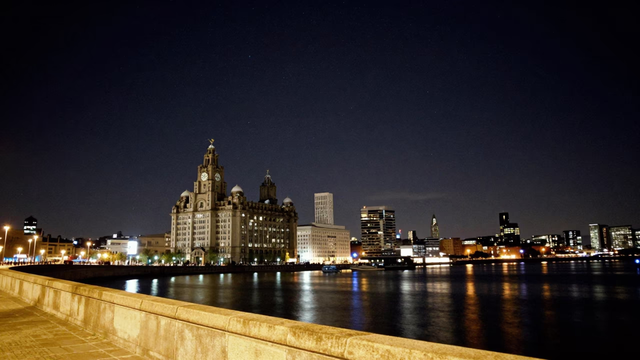 Liverpool Night Sky and River Mersey Waterfront Street Scene with Urban Lighting in in Liverpool, United Kingdom