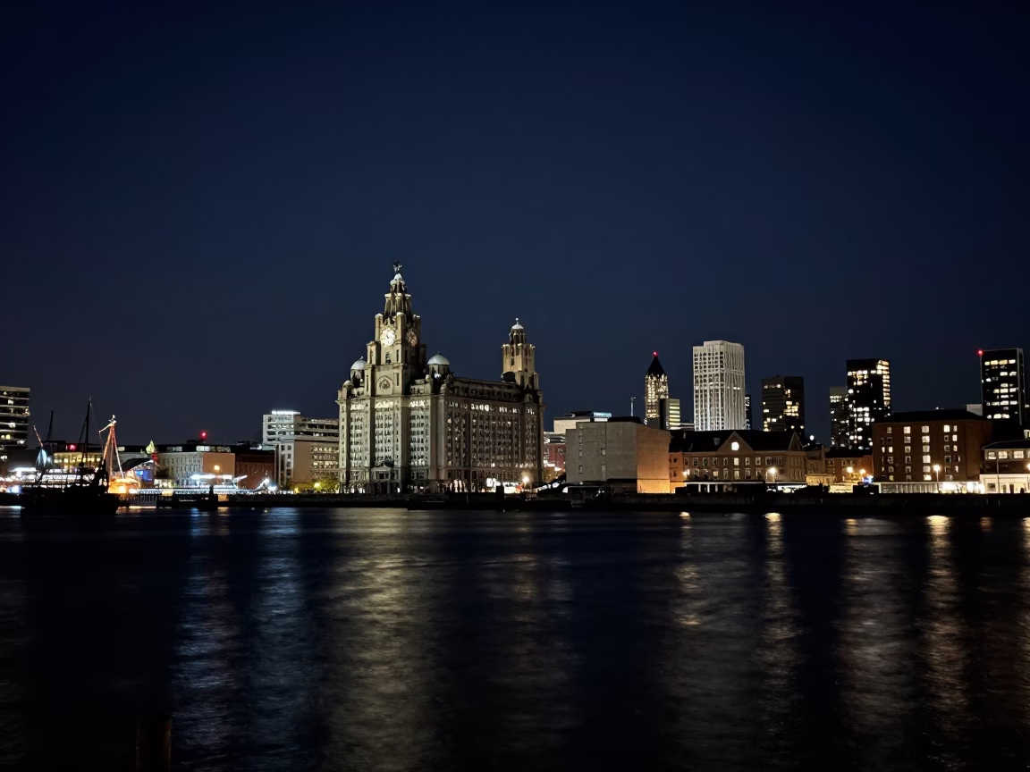 Liverpool Night Skyline View from Stanley Dock Under Deepest Night in in Liverpool, United Kingdom