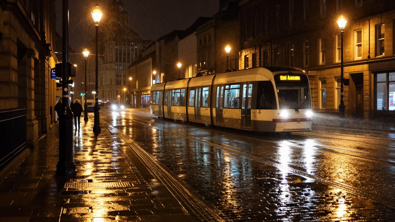 Liverpool Night Street Reflections with Tramcar and Rain on Cobblestones in in Liverpool, United Kingdom