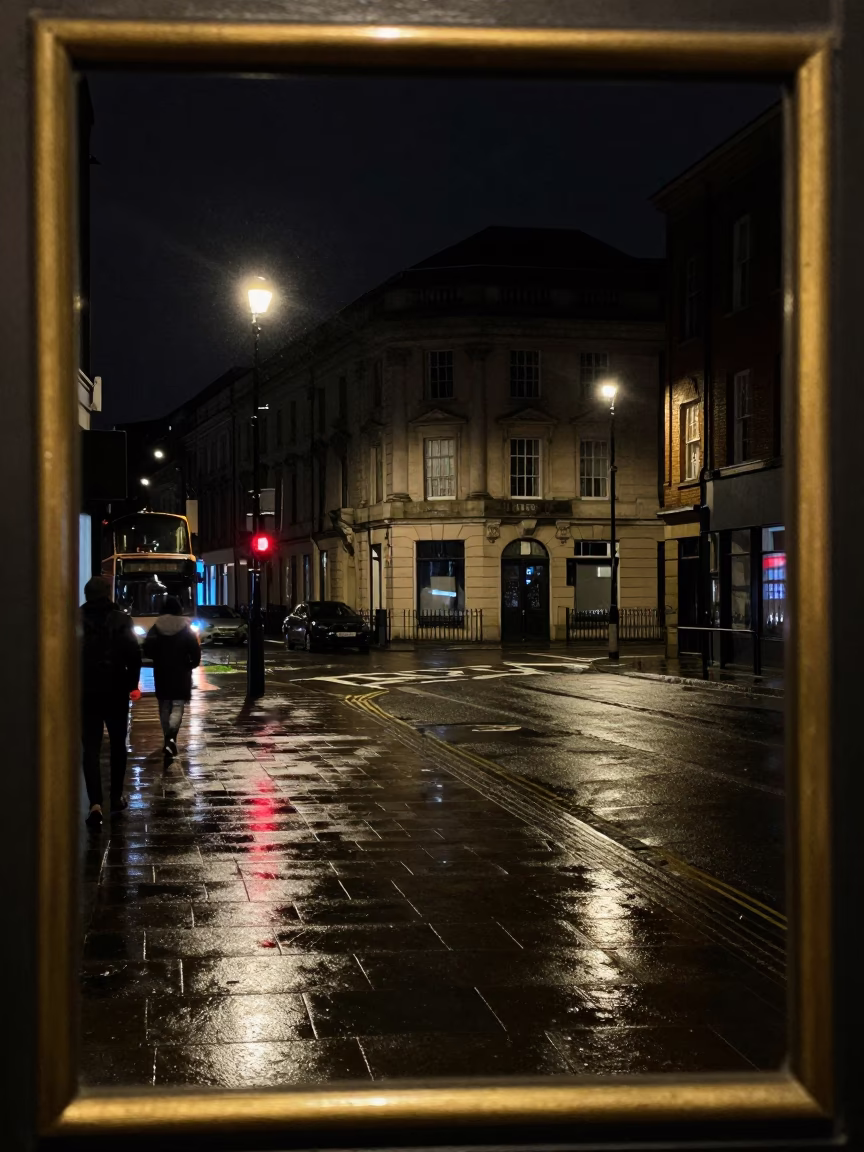 Liverpool Night Street Scene with Brass Frame and Taillight Streaks in in Liverpool, United Kingdom