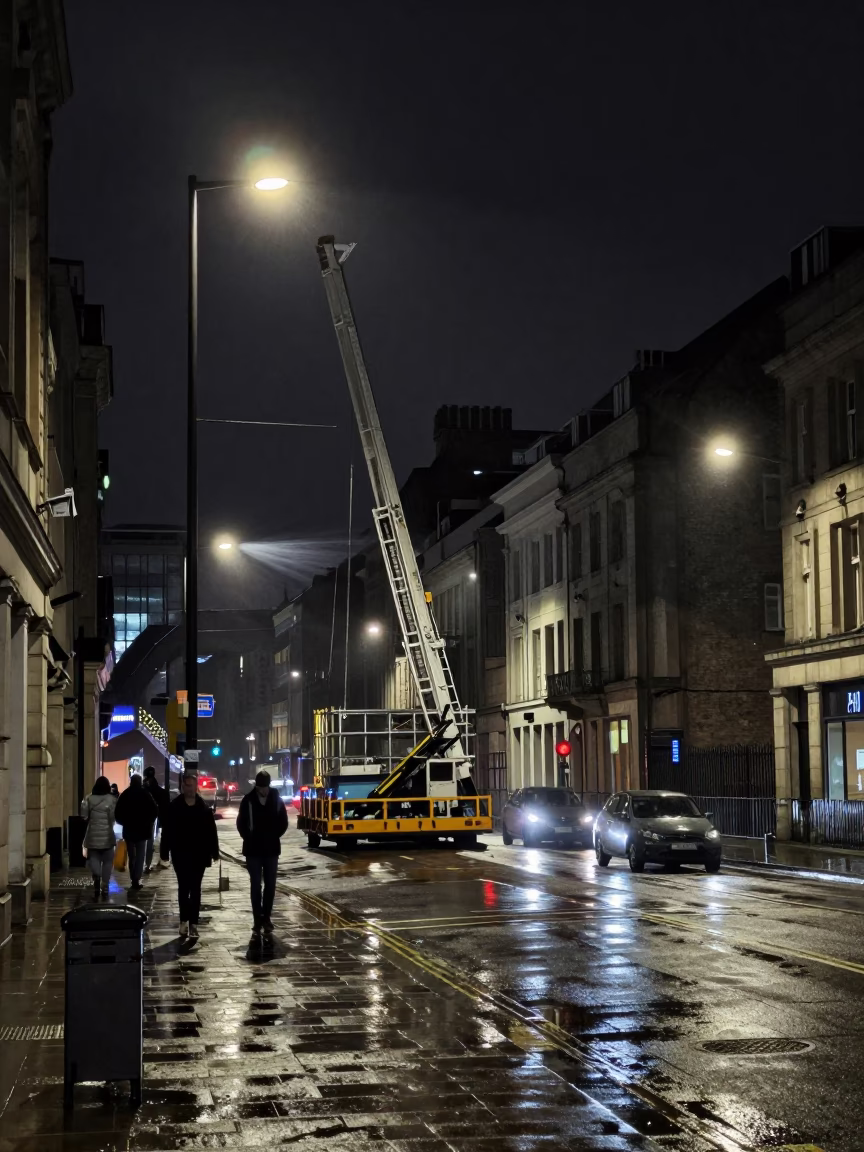 Liverpool Night Street Scene with Bridge Maintenance Cage Swinging in Crosswind in in Liverpool, United Kingdom