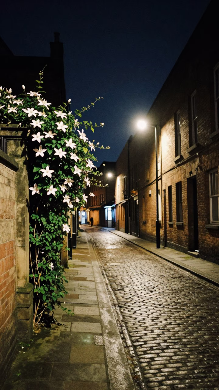 Liverpool Night Street Scene with Clematis Vine and Stone Wall Under Deep Night Sky in in Liverpool, United Kingdom