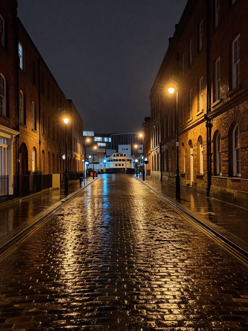 Liverpool Night Street Scene with Ferry Docks and Urban Architecture in in Liverpool, United Kingdom