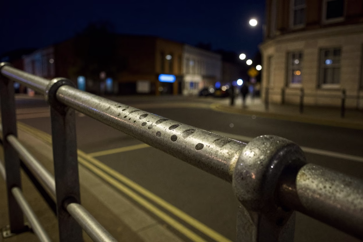 Liverpool night street scene with fingerprints on rail under deep sky in in Liverpool, United Kingdom