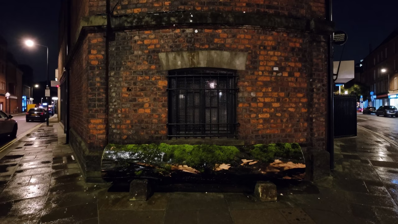 Liverpool Night Street Scene with Floodgate Chamber and Mossy Log Detail in in Liverpool, United Kingdom