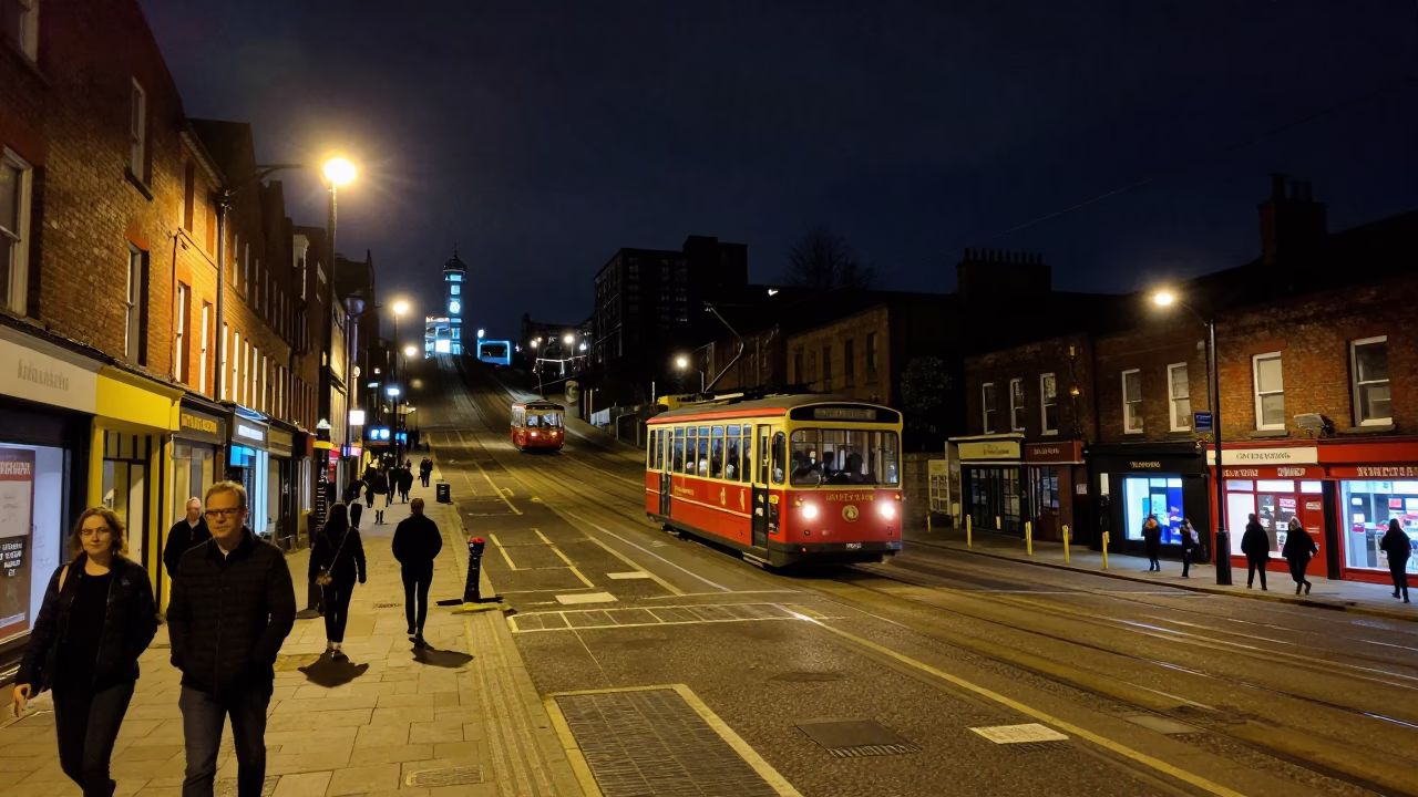 Liverpool Night Street Scene with Funicular and Vintage Plate in in Liverpool, United Kingdom