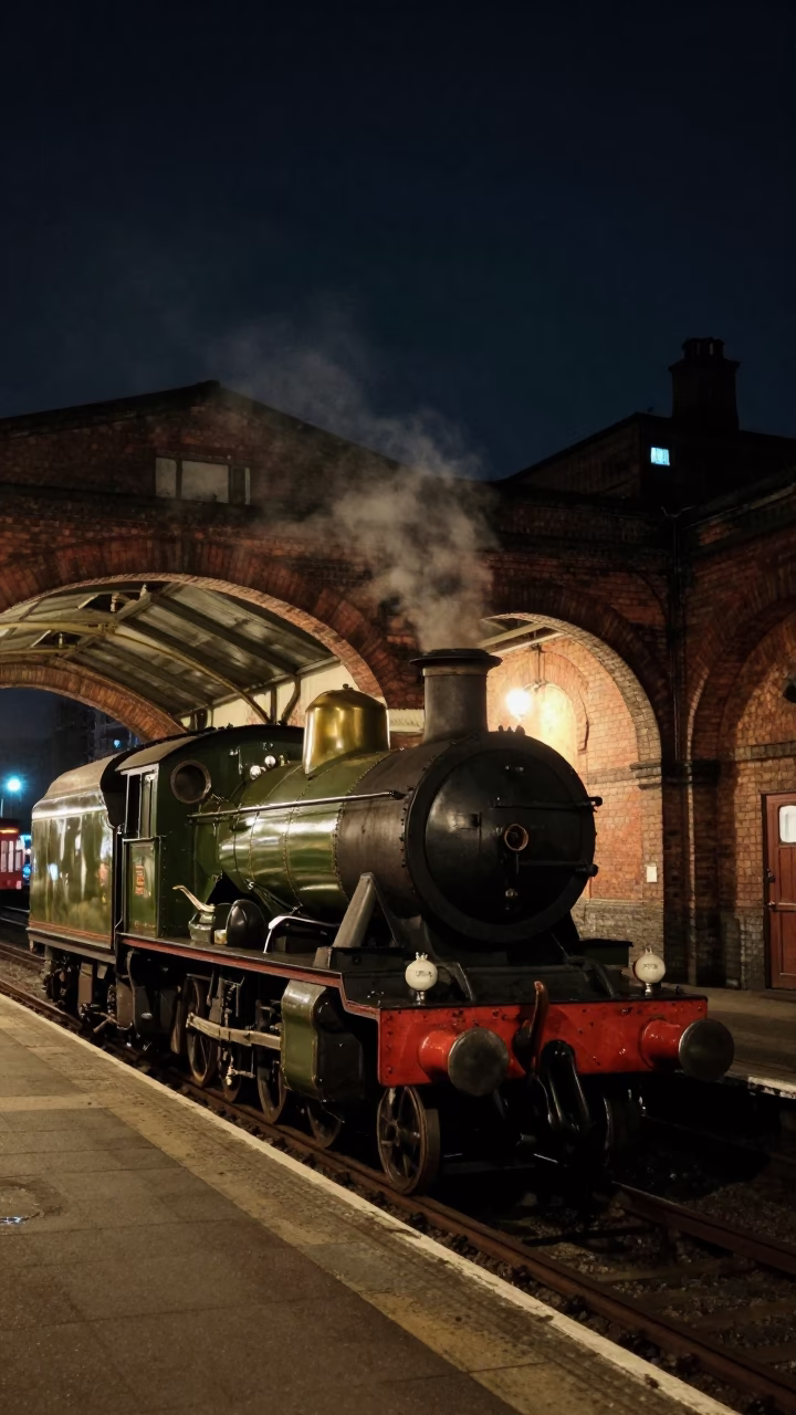 Liverpool Night Street Scene with Heritage Steam Locomotive and Vintage Basketball in in Liverpool, United Kingdom