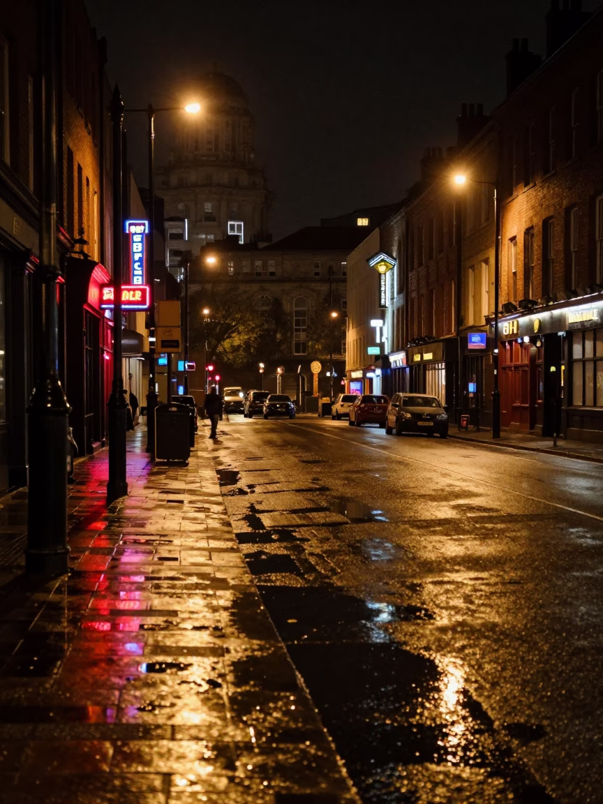 Liverpool Night Street Scene with Puddle Reflections and Urban Activity in in Liverpool, United Kingdom
