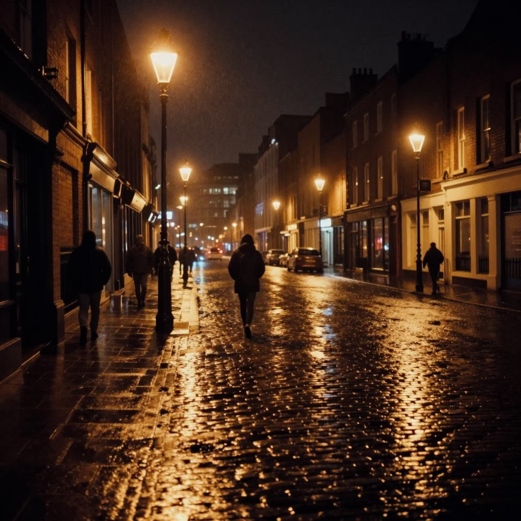 Liverpool Night Street Scene with Rain-Slicked Cobblestones and Distant Bridge Reflections in in Liverpool, United Kingdom