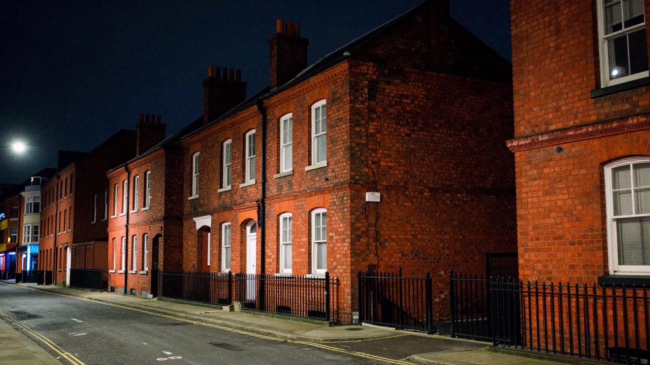 Liverpool Night Street Scene with Red Brick Architecture and Neon Reflections in in Liverpool, United Kingdom