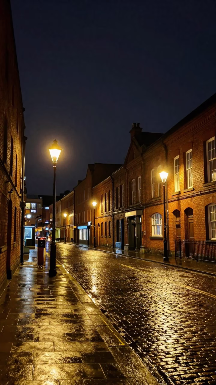 Liverpool Night Street Scene with Red Brick Architecture and Urban Lighting in in Liverpool, United Kingdom