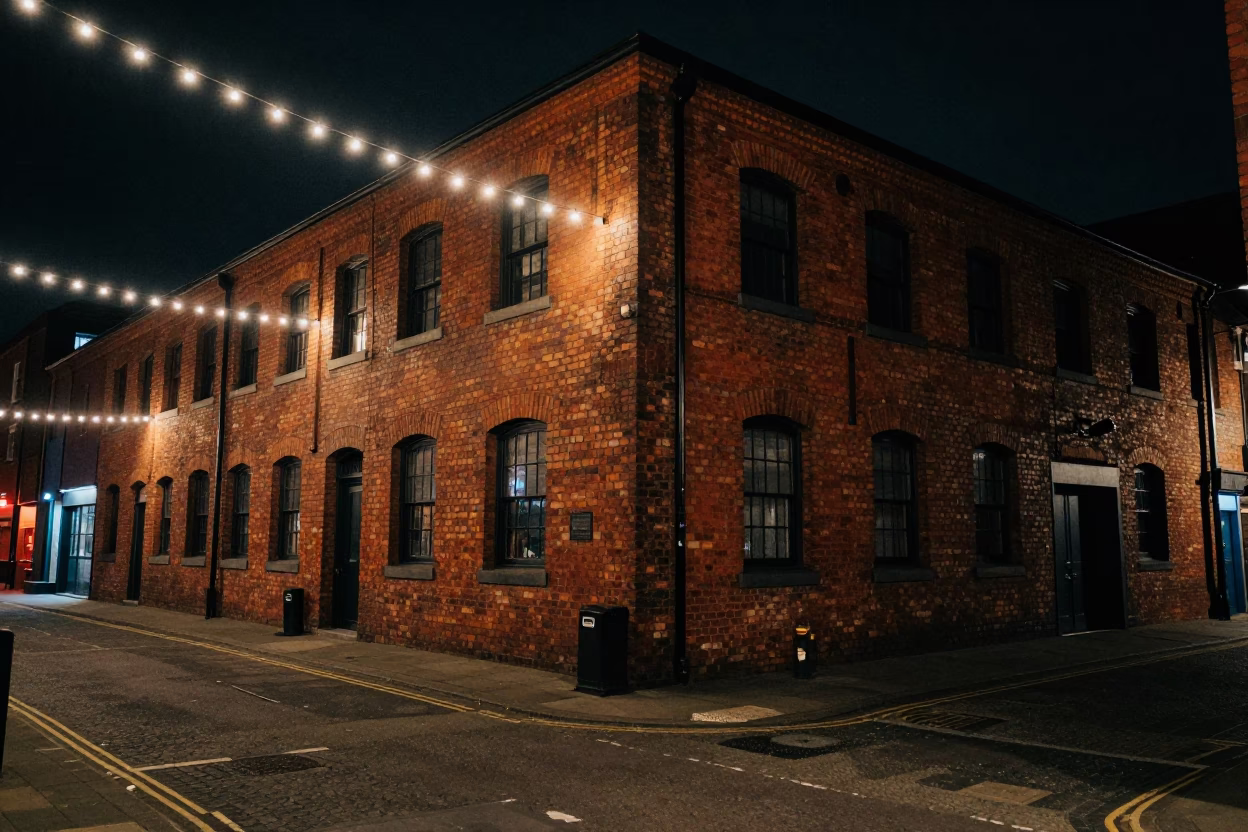 Liverpool Night Street Scene with String Lights and Urban Detail in in Liverpool, United Kingdom