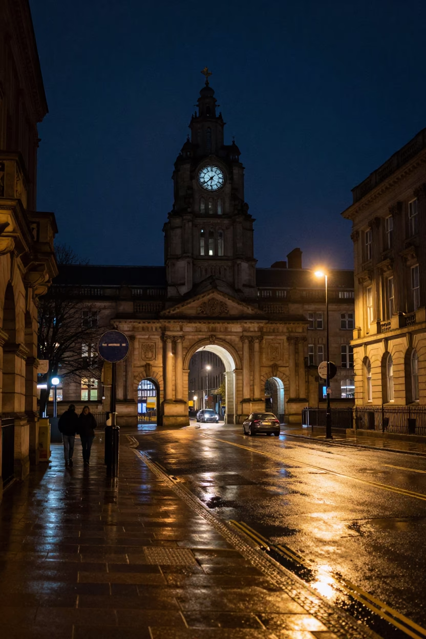 Liverpool Night Street Scene with University Archway and Wet Bicycle Rack in in Liverpool, United Kingdom