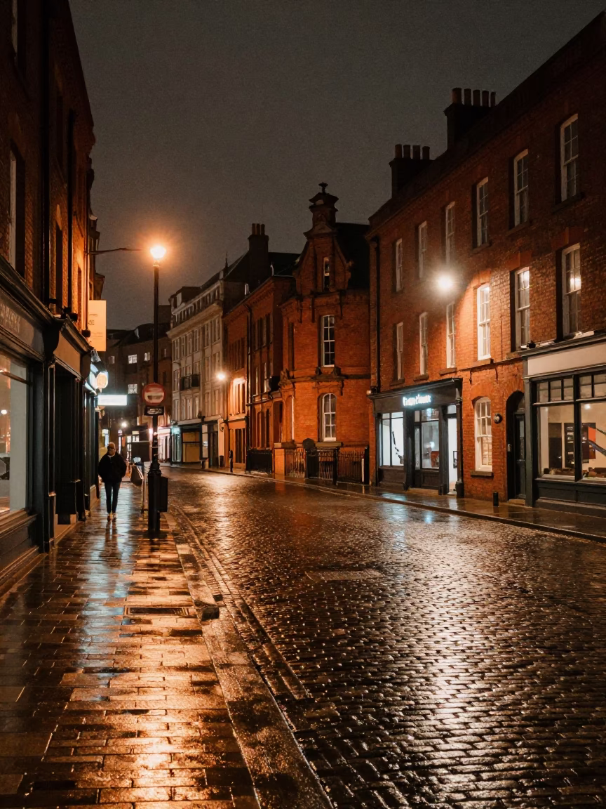 Liverpool Night Street Scene with Vintage 1950s Aesthetic and Local Characters in in Liverpool, United Kingdom