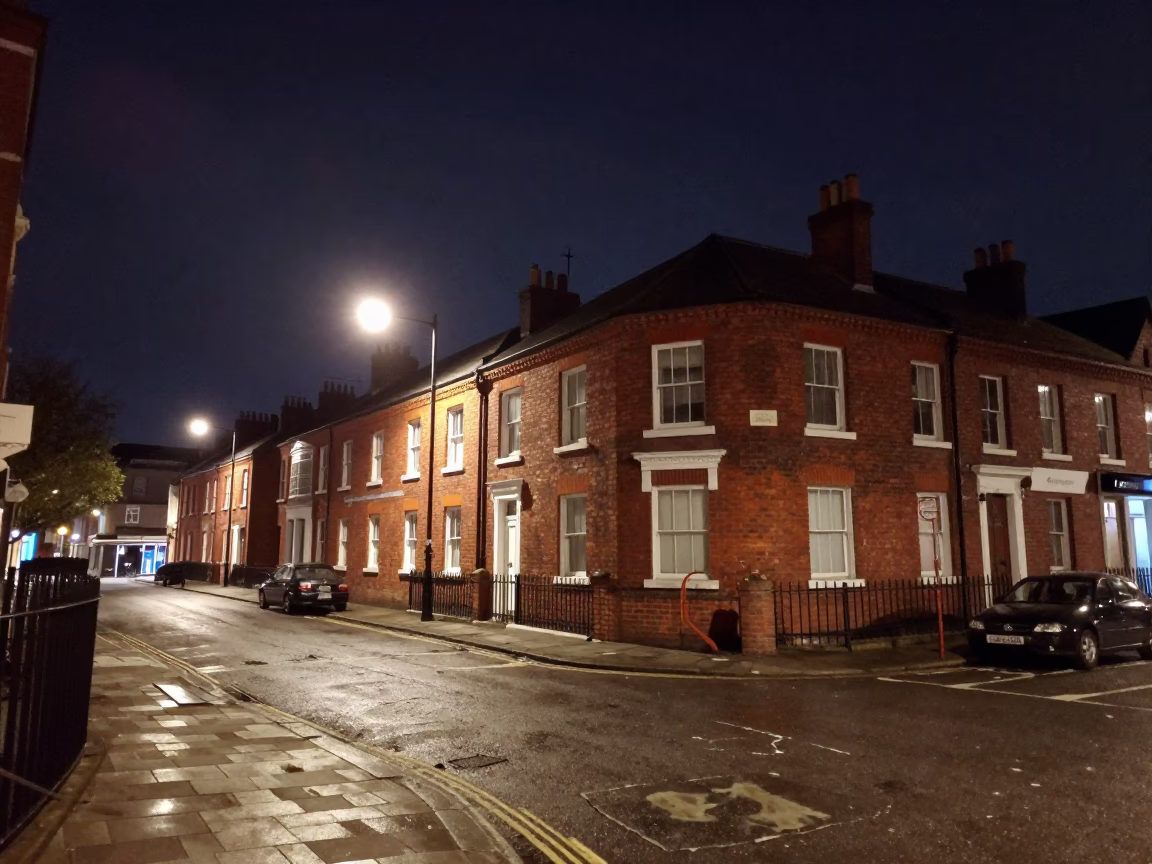 Liverpool Night Street Scene with Vintage 1970s Aesthetic and Urban Details in in Liverpool, United Kingdom