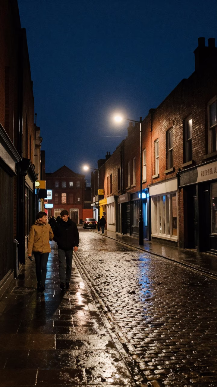 Liverpool Night Street Scene with Vintage 1980s Urban Atmosphere and Red Lit Stairwell in in Liverpool, United Kingdom