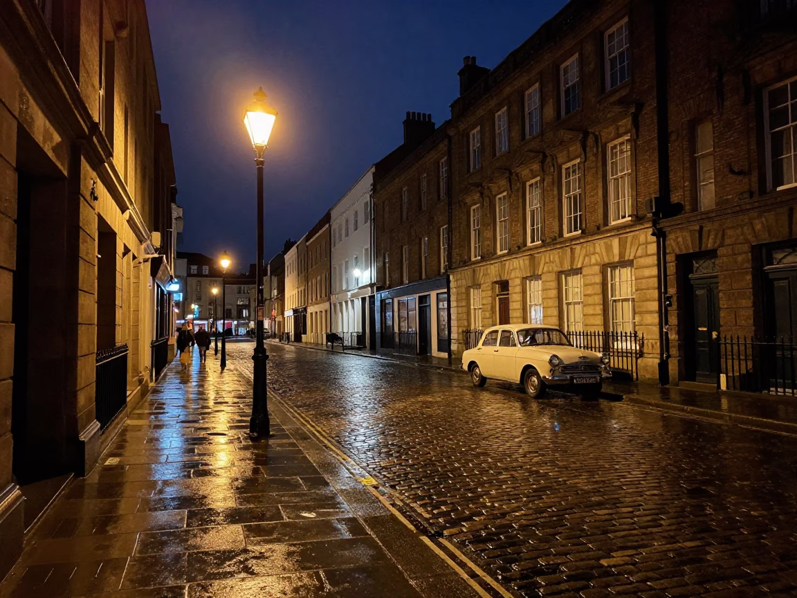Liverpool Night Street Scene with Wet Flagstones and Vintage Car Under Deep Night Sky in in Liverpool, United Kingdom