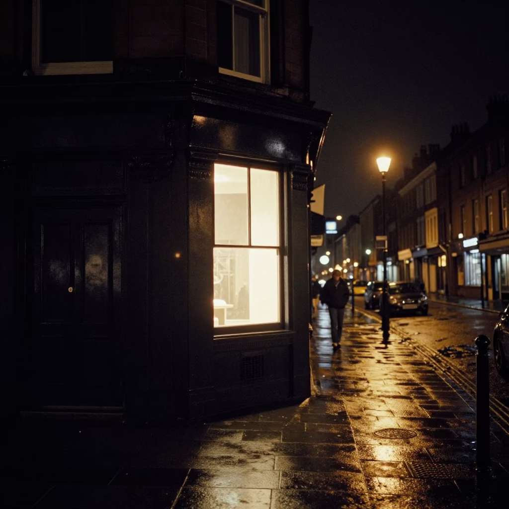 Liverpool Night Street Scene with Window Light and Urban Details in in Liverpool, United Kingdom