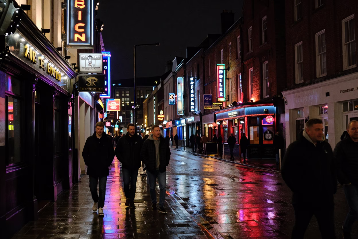 Liverpool Nightlife Street Scene with Neon Lights and Urban Details in in Liverpool, United Kingdom
