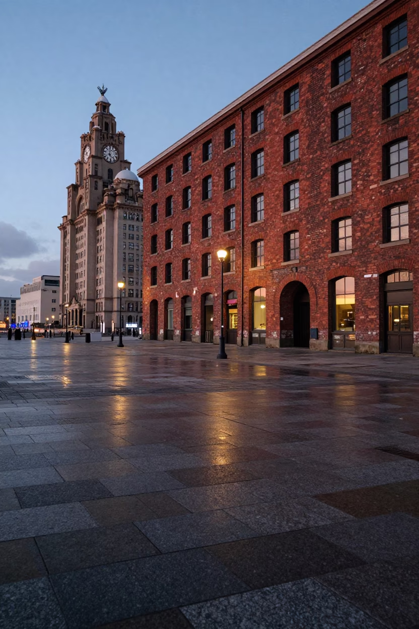 Liverpool Pier Head evening view with red brick architecture and harbor promenade in in Liverpool, United Kingdom