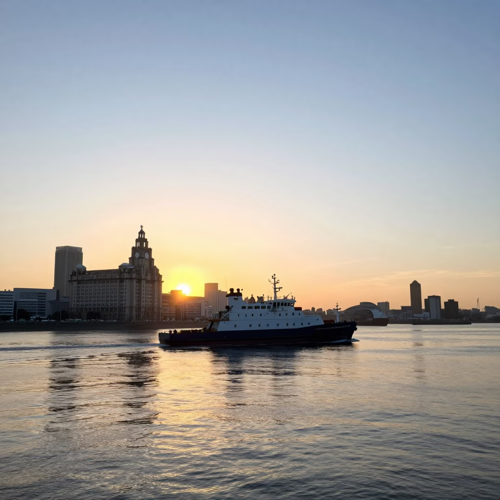 Liverpool Port Sunrise with Pilot Boat Guiding Container Ship into Mersey Estuary in in Liverpool, United Kingdom