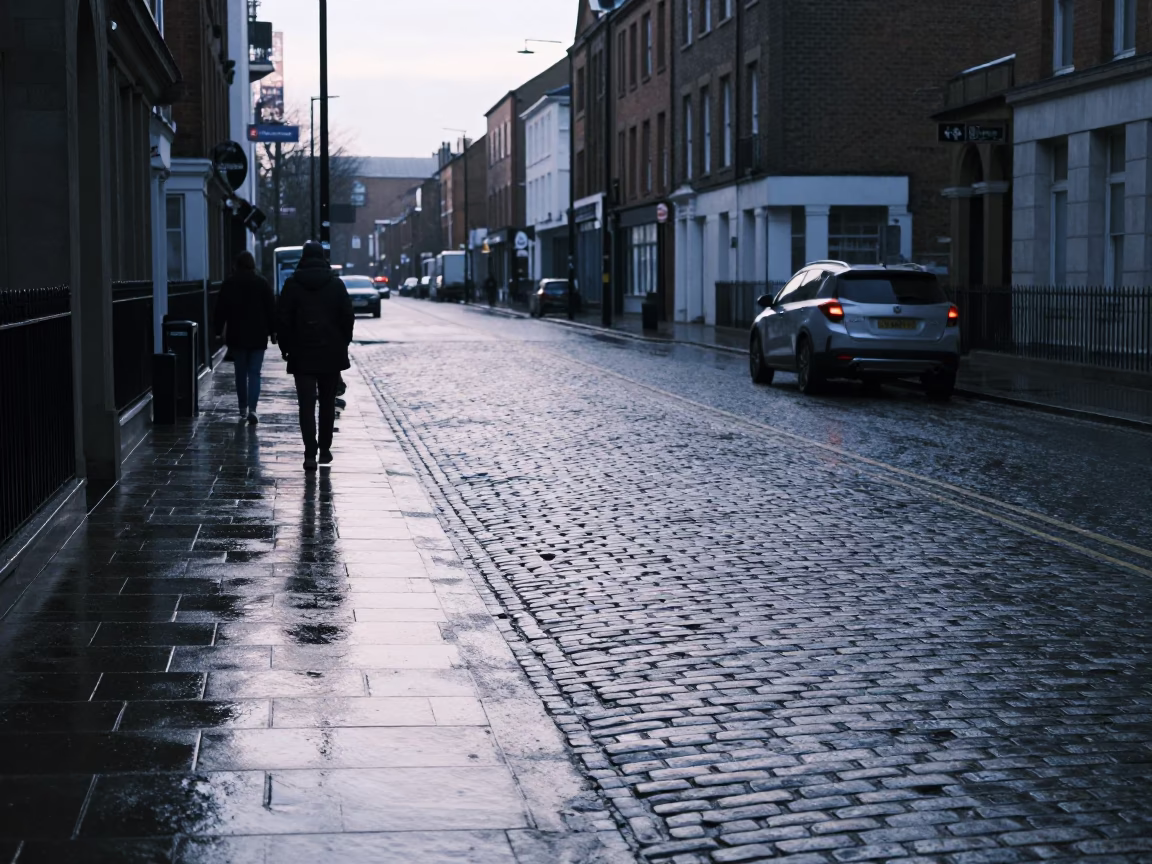 Liverpool Pre-Dawn Street Scene with Wet Pavement and Urban Details in in Liverpool, United Kingdom