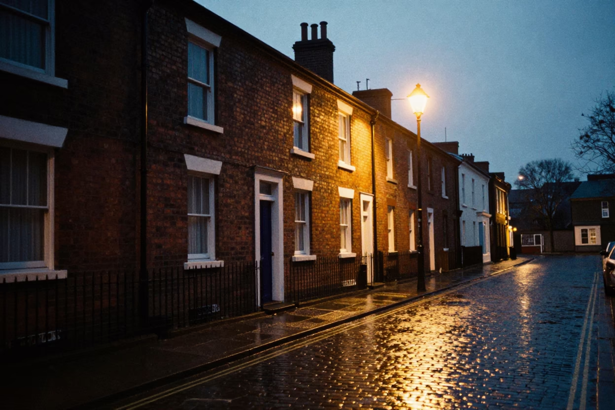 Liverpool Predawn Street Scene with Vintage 1960s Elements and Urban Details in in Liverpool, United Kingdom