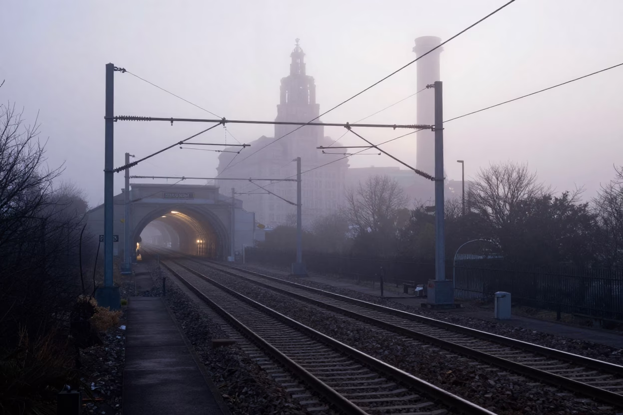 Liverpool Railway Catenary System Receding Through Industrial Fog Before Sunrise in in Liverpool, United Kingdom