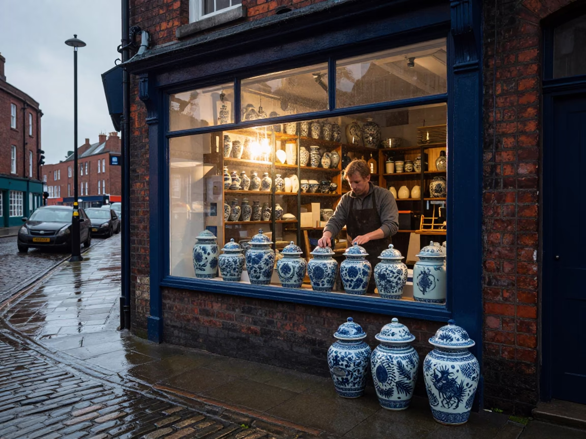 Liverpool Shopkeeper Arranging Blue Porcelain Jars in Morning Light in in Liverpool, United Kingdom