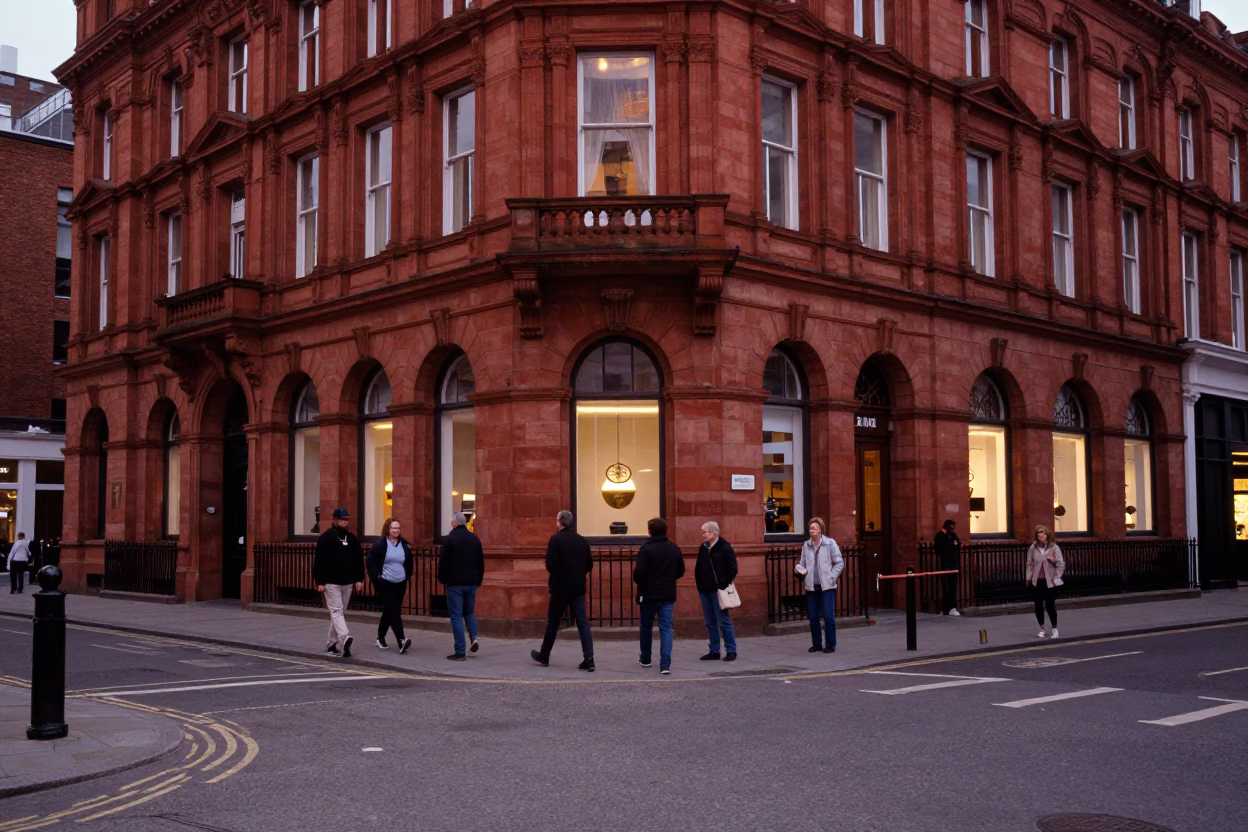 Liverpool Street Corner at Copper-toned Light Before Dusk in in Liverpool, United Kingdom