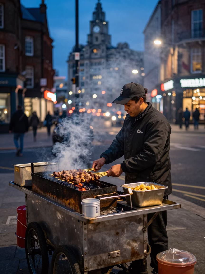 Liverpool Street Food Vendor Grilling Kebabs as City Lights Glow at Dusk in in Liverpool, United Kingdom
