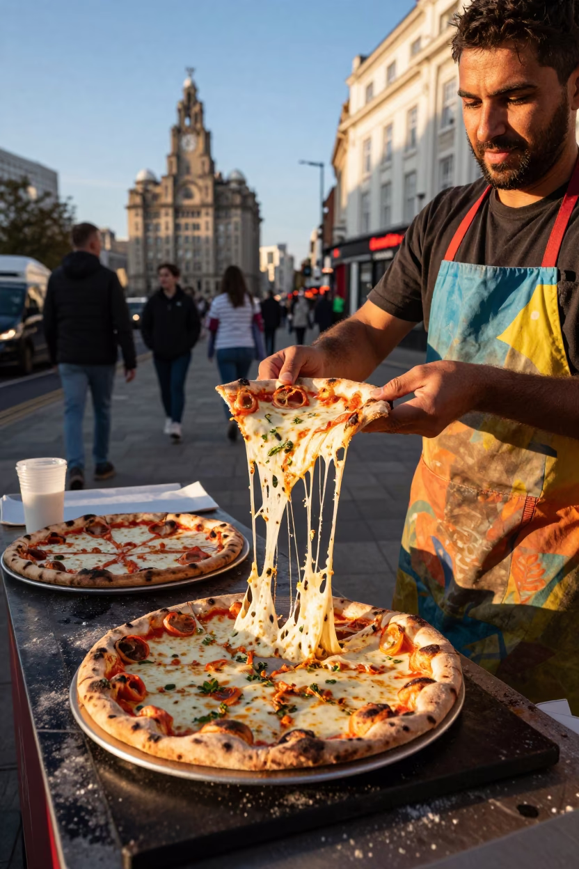 Liverpool Street Food Vendor Serving Wood Fired Pizza in Late Afternoon Sunlight in in Liverpool, United Kingdom