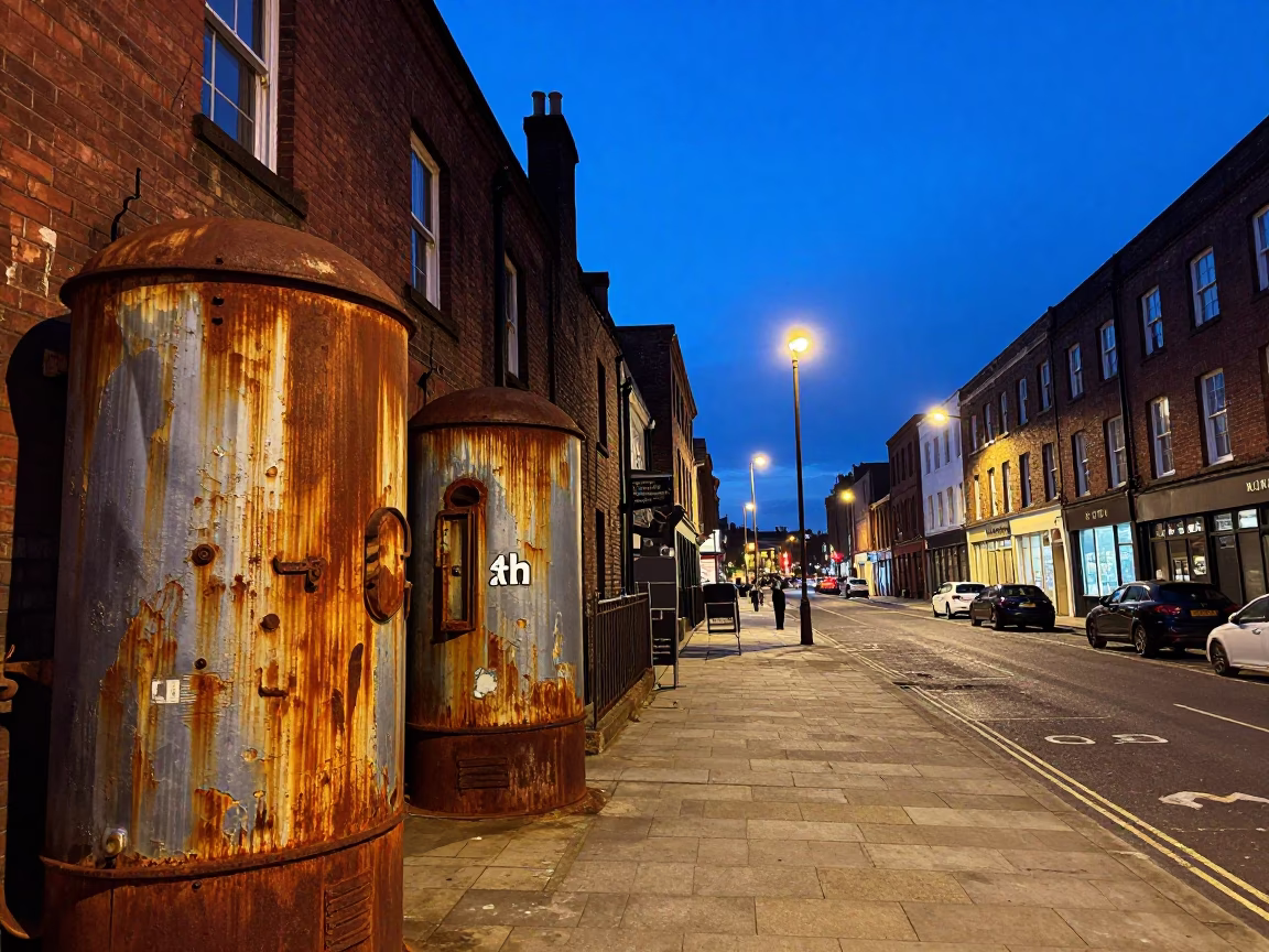 Liverpool street scene at blue hour with rusted metal and vintage details in in Liverpool, United Kingdom
