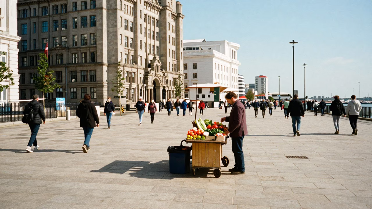 Liverpool Street Scene at Bright Midmorning Light in in Liverpool, United Kingdom